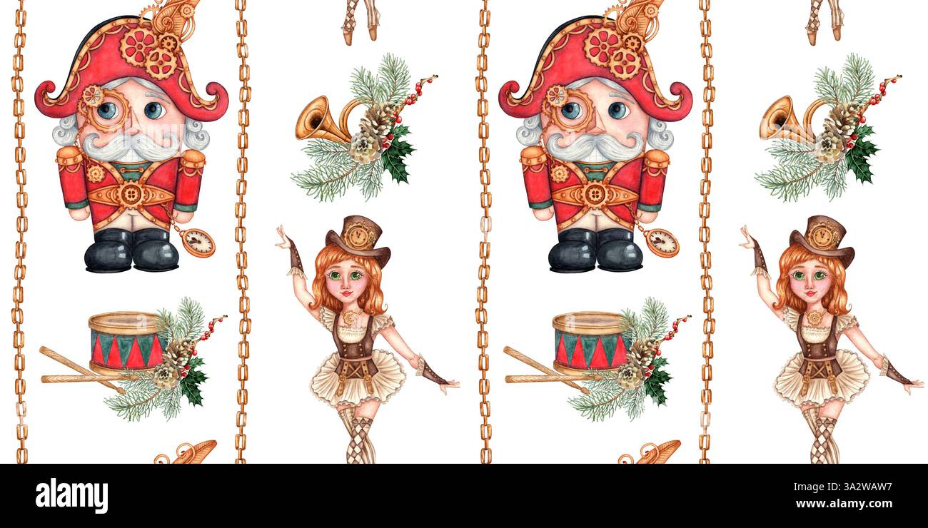 Nussknacker und Ballerina, Eimer, Trommel, Tannenzweige, Kegel, Ketten Aquarell-Illustration. Weihnachten, Neujahrsgeschichte. Nahtloses vertikales Muster isol Stockfoto