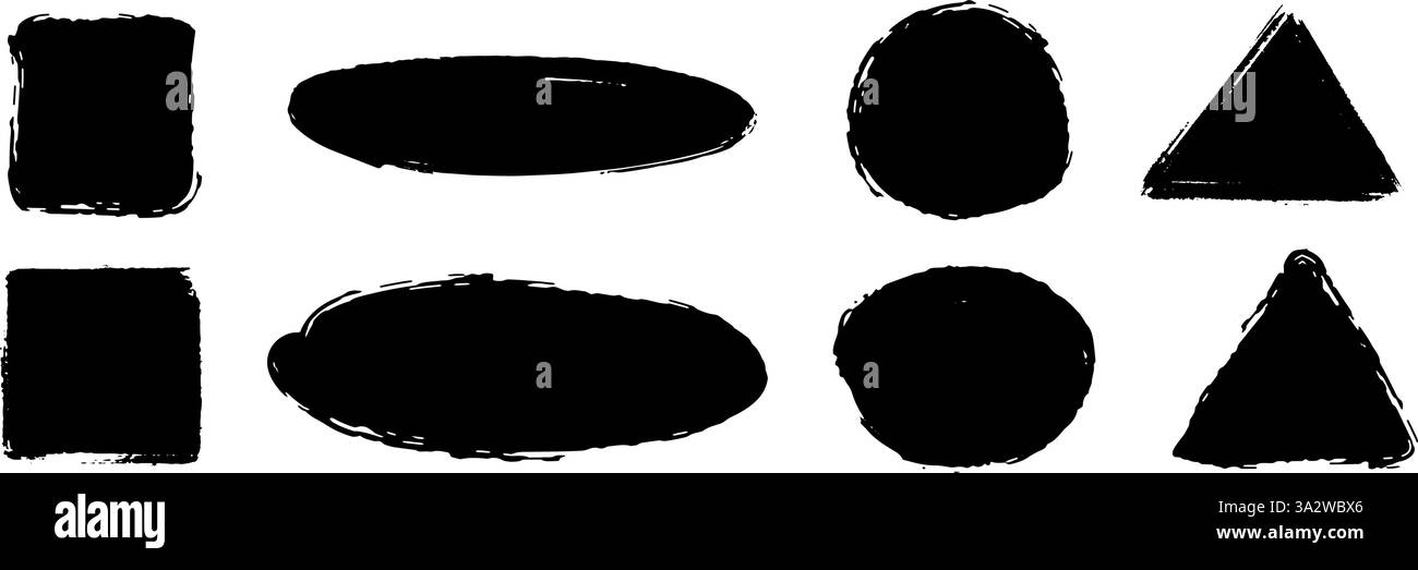 Geometrisches Trockenlackierset. Schwarze Grunge Kreide Kollektion. Strukturierter Pinselstrich, Elementsatz. Handgezeichnete Holzkohleblobs für Rahmen, Vorlage, Poster, Banner, Textfeld, Aufkleber. Vektor Stock Vektor