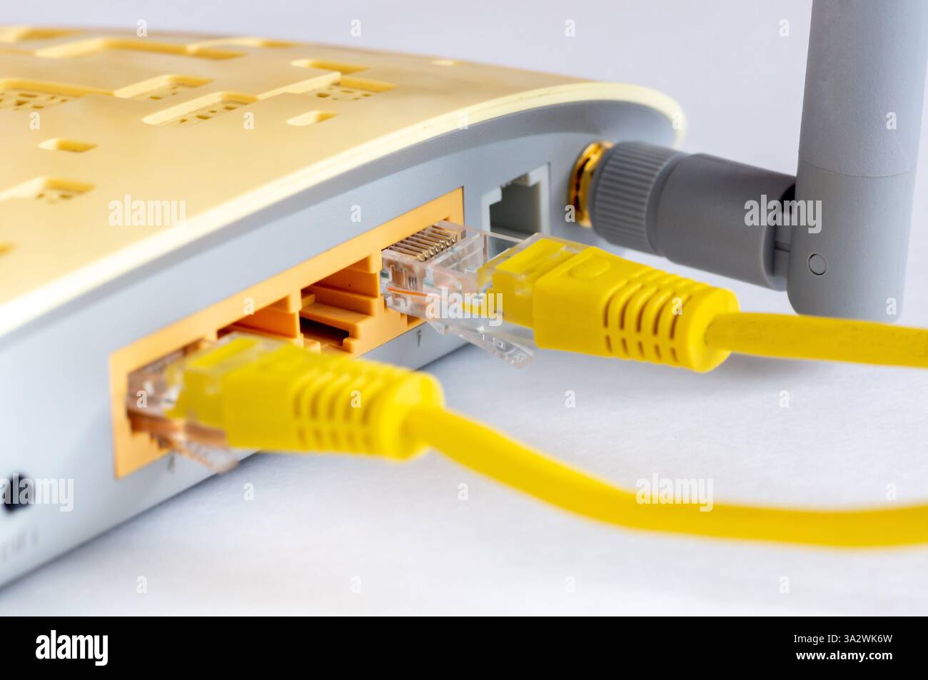 Nahaufnahme der LAN-Netzwerk-Switch-Anschlüsse mit angeschlossenen Ethernet-Kabeln. Isoliert auf weißem Hintergrund. Stockfoto