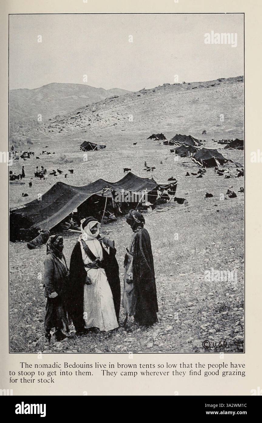 Die nomadischen Beduinen leben in braunen Zelten, die so tief sind, dass die Leute sich bücken müssen, um in sie zu kommen. Sie campen dort, wo sie gute Weideplätze für ihre Bestände finden, aus dem Buch „The Holy Land and Syria“ von Carpenter, Frank G. (Frank George), 1855-1924 erschienen Garden City, N. Y., Doubleday, Page & Company 1922 Stockfoto