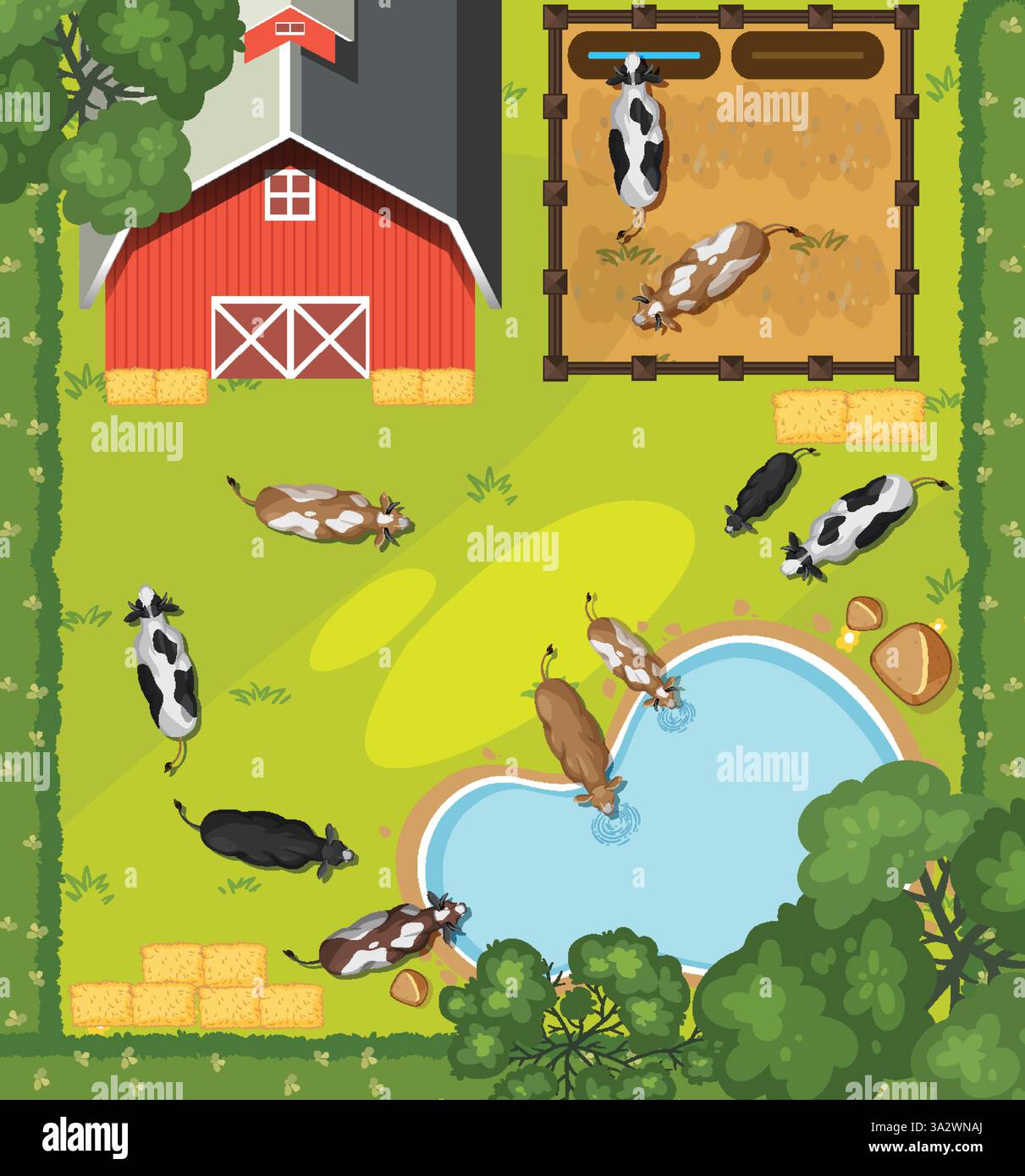 Kühe weiden und trinken in einer Scheune und einem Teich Stock Vektor