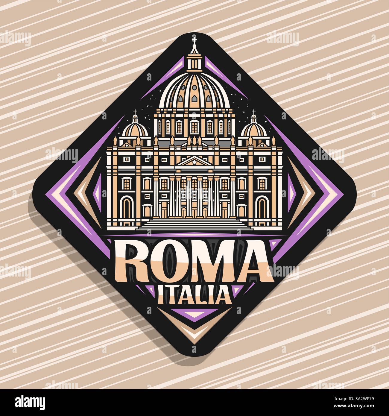 Vektor-Logo für Roma, schwarzes Rautenschild mit Linienillustration der berühmten majestätischen roma-Petersbasilika auf nächtlichem Himmelhintergrund, dekorativ Stock Vektor