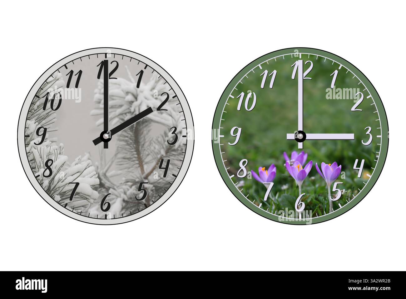 Zwei Uhren: Eine steht für den Winter und zeigt 03:00 Uhr, die andere für den Frühling und 02:00 Uhr. Übergang der Zeit, die Änderung der Sommerzeit Stockfoto