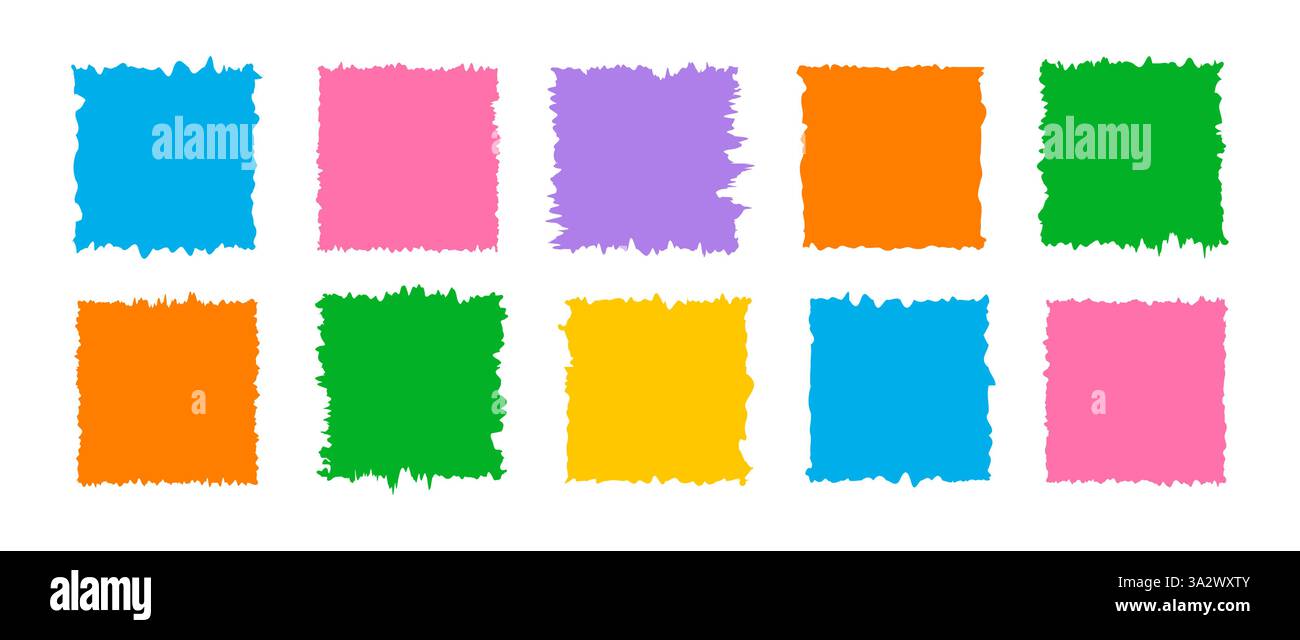 Set mit gezacktem Quadrat. Zerrissenes Papierblatt für Aufkleber oder Collagen. Zig-Zack-Elemente der welligen Kante, isoliert auf weißem Hintergrund. Bunte Vektorillustration Stock Vektor