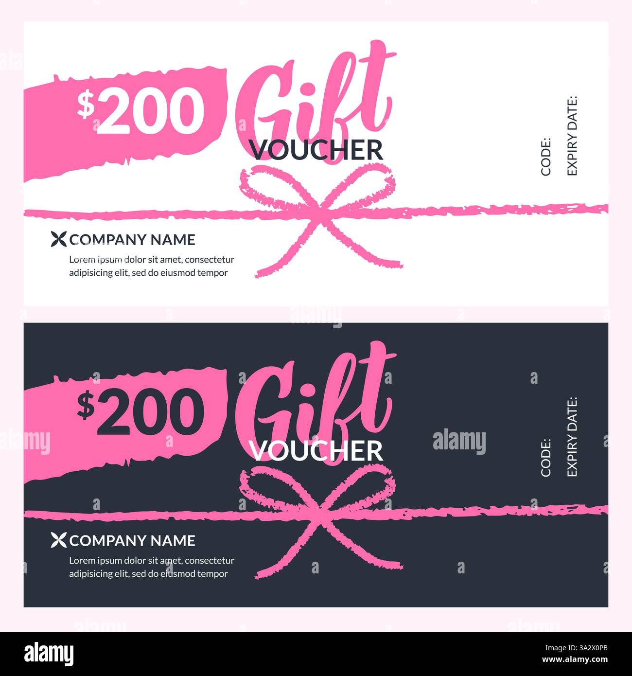 Geschenkgutscheine in weiß, Rosa und Schwarz. Handgezeichnetes Schleifenband für saisonalen Feiertagsverkauf Hintergrund. Vektor-Design-Vorlage für c Stock Vektor