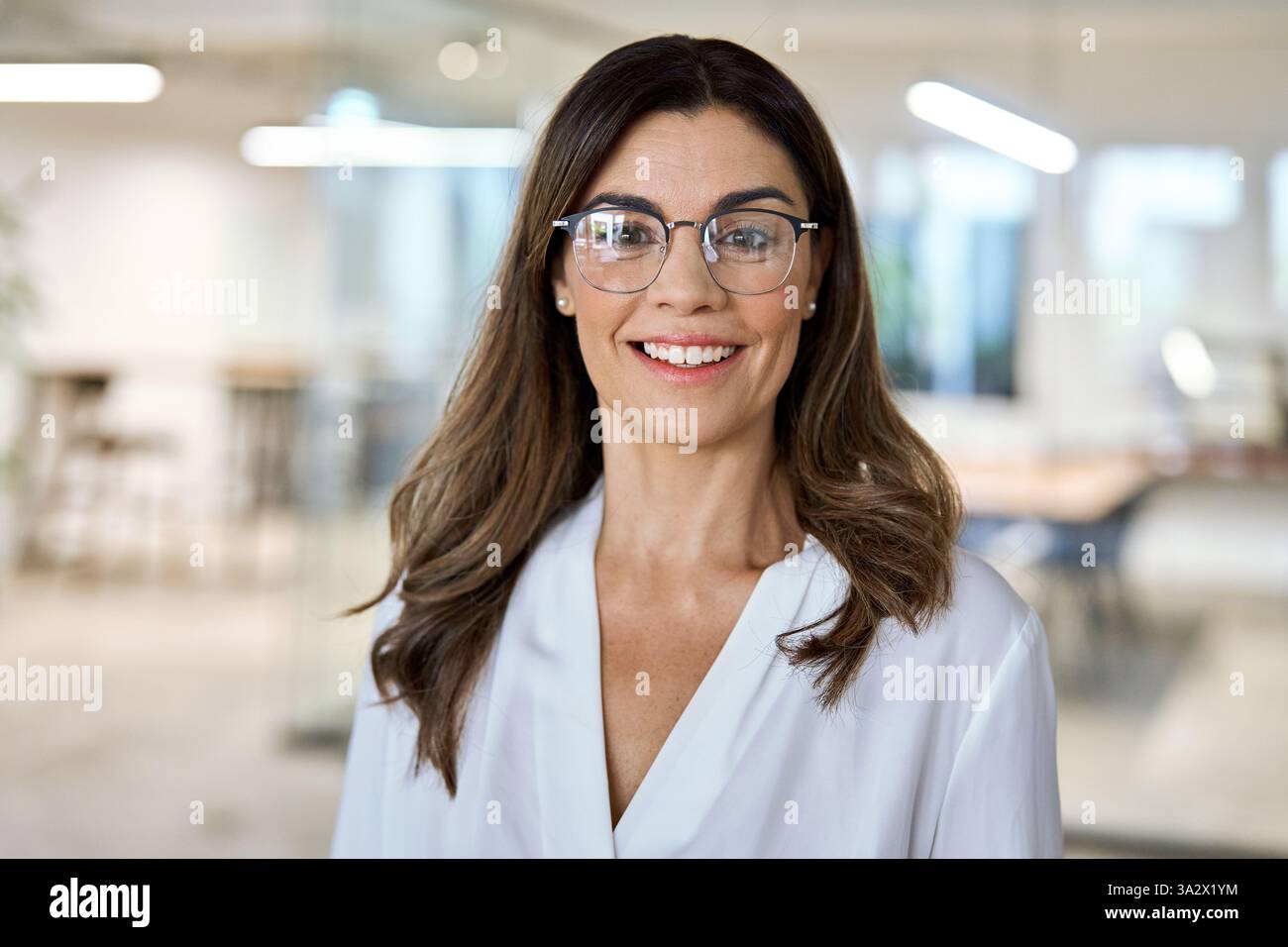 Glückliche Geschäftsfrau mittleren Alters mit Brille im Büro. Kopfschuss. Stockfoto