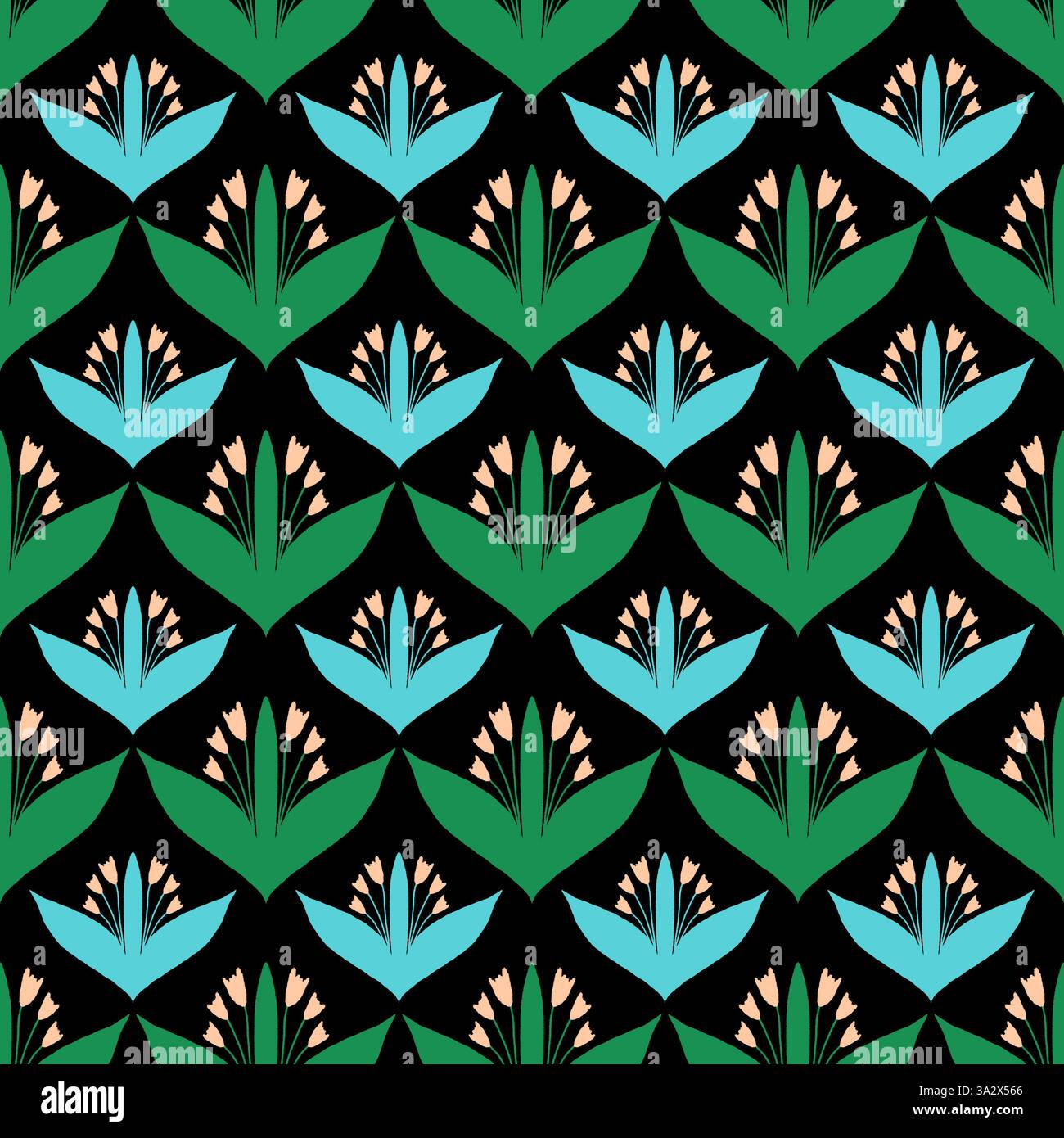 Zartes nahtloses Muster mit abstrakten Blumen auf dunklem Hintergrund. Niedliches endloses Design, ideal für Stoff- und Geschenkpapier. Stockfoto