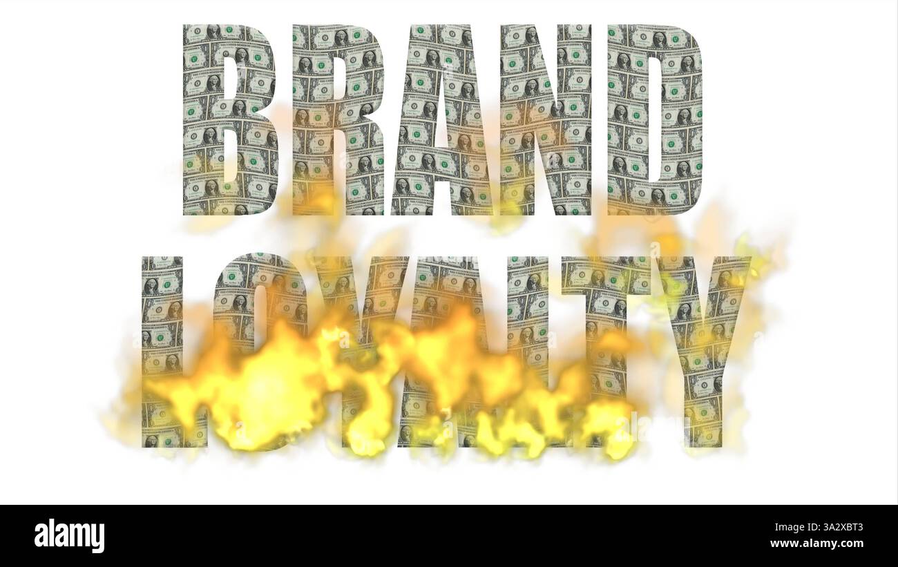 Digitales Composite. Markentreue in Impact-Schriftart mit einer Überlagerung von Dollarscheinen, die in Flammen aufgehen. Die Markentreue wird oft als Kulanz ausgedrückt. In jüngster Zeit haben einige Geschäftsinhaber, insbesondere Elon Musk von der Marke Tesla, erlebt, dass die Kundenbindung aufgrund ihrer Handlungen verflüchtigt ist. Produkt, Unternehmen, Kunde, Branding, Platzierung, Geschäft, Verbraucher, Geld, Geld, Geld, Wert Stockfoto