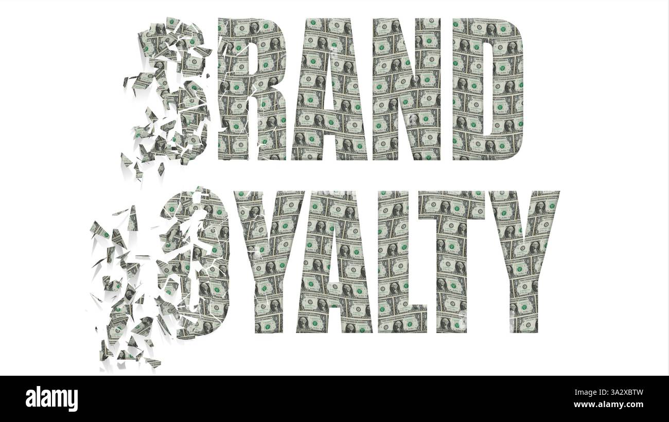 Digitales Composite. Markentreue in Impact-Schriftart mit einer Überlagerung von Dollarscheinen, die sich auflösen. Die Markentreue wird oft als Kulanz ausgedrückt. In jüngster Zeit haben einige Geschäftsinhaber, insbesondere Elon Musk von der Marke Tesla, erlebt, dass die Kundenbindung aufgrund ihrer Handlungen verflüchtigt ist. Produkt, Unternehmen, Kunde, Branding, Platzierung, Unternehmen, Verbraucher, Geld, Bargeld, Wert, ableiten, Stockfoto