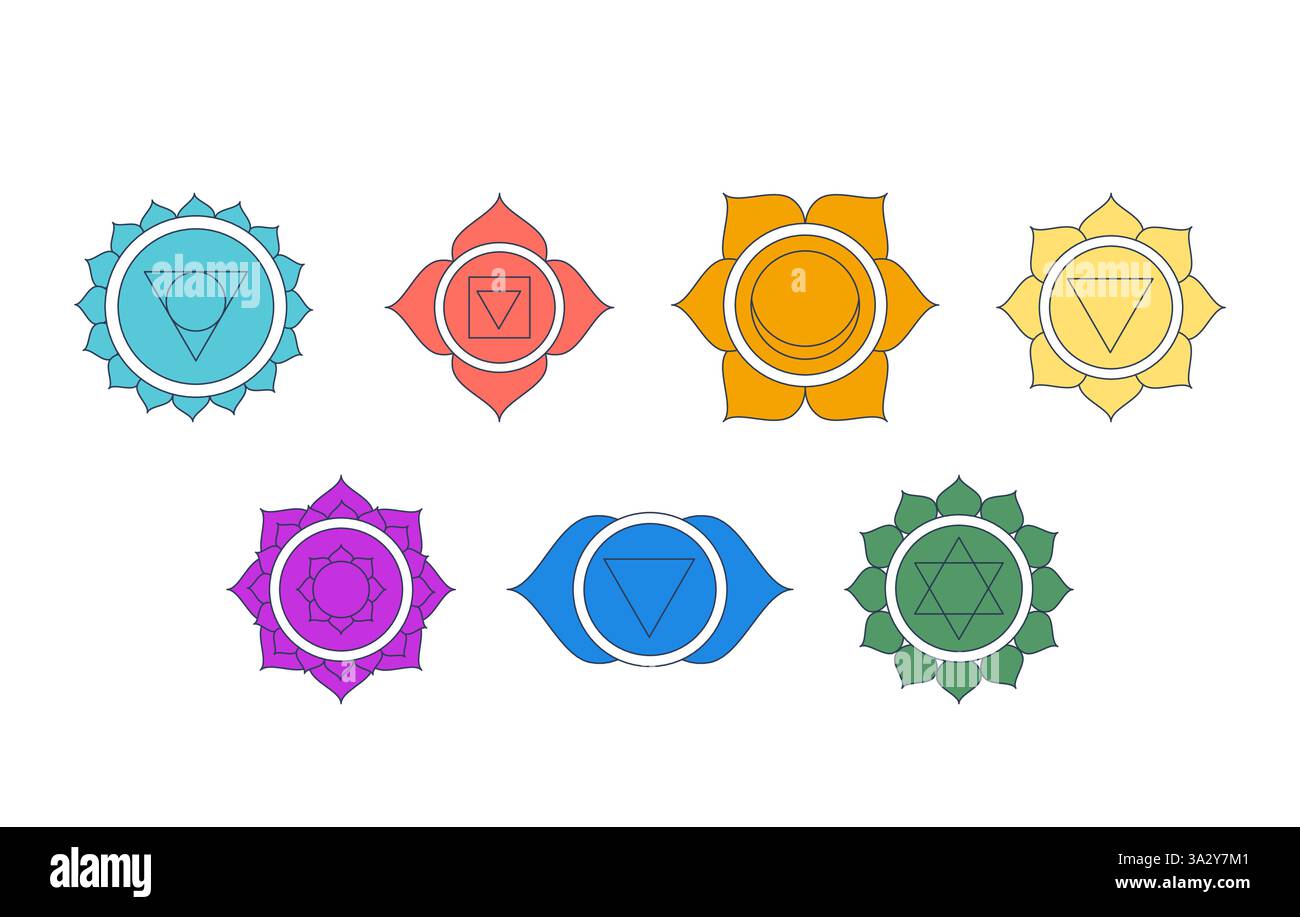 Sieben Chakra-Symbole 2D-Comic-Objekte Set Stock Vektor