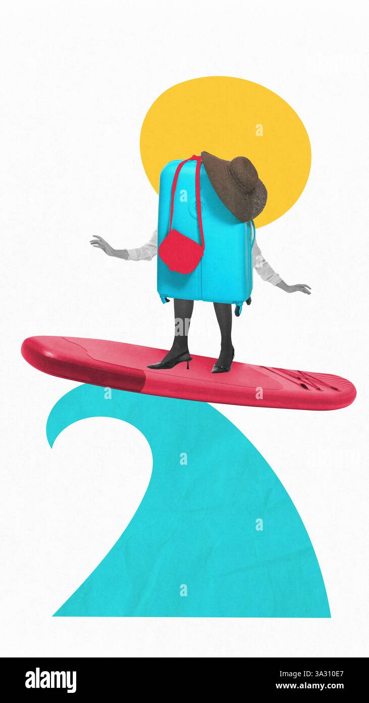 Surfer mit Kofferkörper balancieren auf rotem Surfbrett über blauer Welle unter der Sonne. Zeitgenössische Kunstcollage. Stockfoto