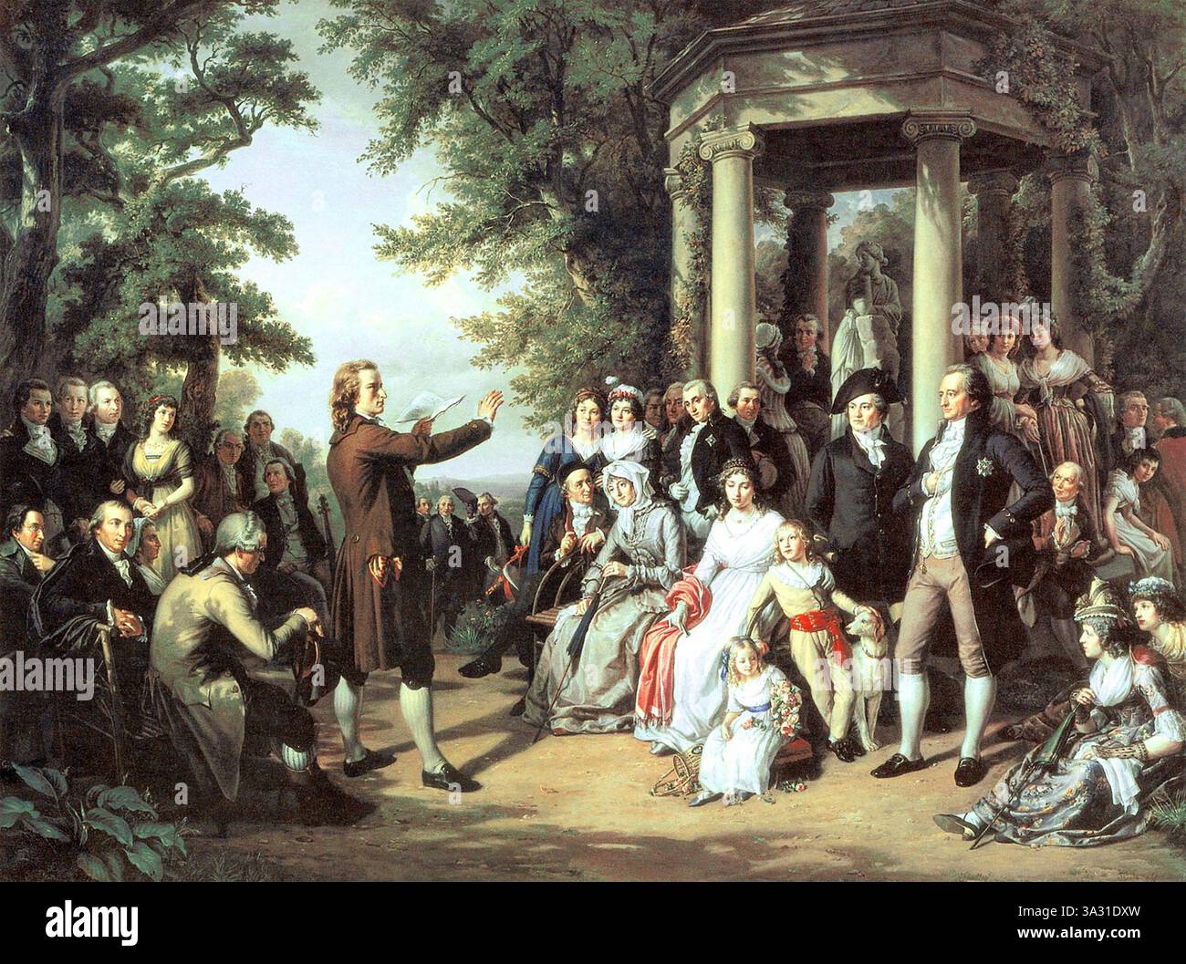 WEIMARER INNENHOF DER MUSEN - Gemälde von Theobald von Ober aus dem Jahr 1860, das Schiller vor dem Hof in Tiefurt liest. Goethe ist rechts vor der Säule des Musentempels zu sehen Stockfoto