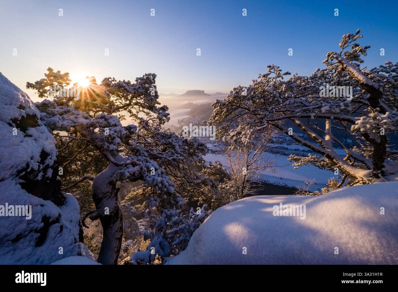 Schneebedeckte Winterlandschaft im Nationalpark Sächsische Schweiz mit dem Elbtal und der Felsformation Lilienstein in der Ferne, bei Sunri Stockfoto