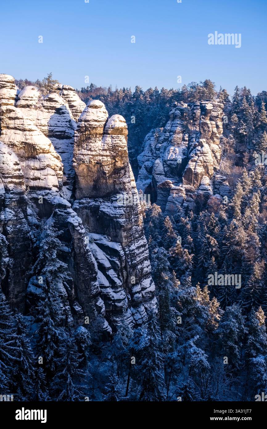 Schneebedeckte Winterlandschaft im Nationalpark Sächsische Schweiz mit Felsformationen und Wald. Stockfoto
