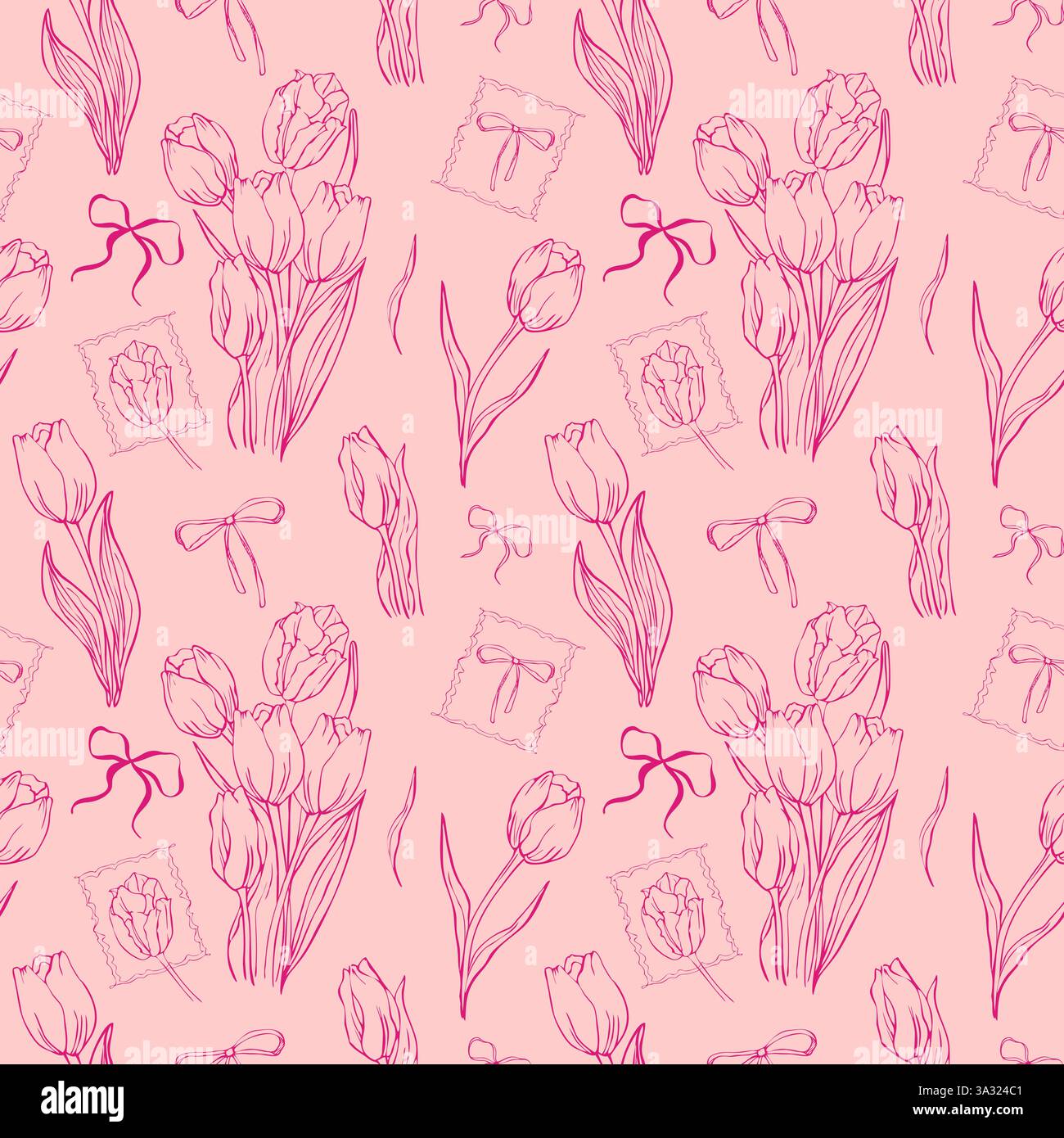 Nahtloses Patern von Tulpen und Band auf rosafarbenem Hintergrund Stock Vektor