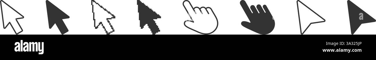 Cursor- Und Zeigersymbole Linien- Und Volumenkörpersatz. Klicken Sie Mit Der Maus Auf Symbole Und Pfeilcursor Symbol Sammlung. Abbildung Des Isolierten Vektors Stock Vektor
