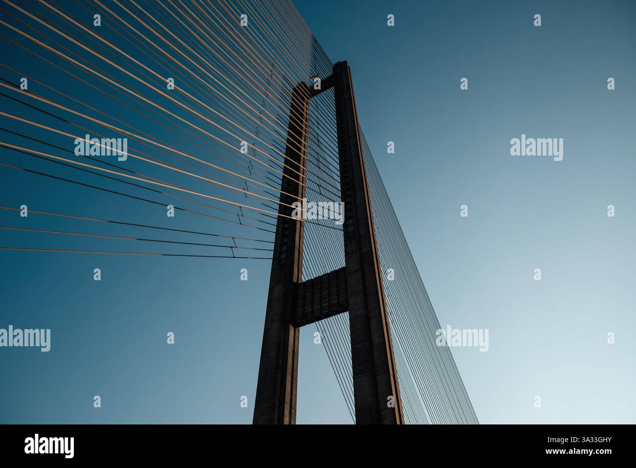 Hängebrücke bei Sonnenuntergang. Ich schaue auf die Betonmasten der Kabelbrücke. Stockfoto