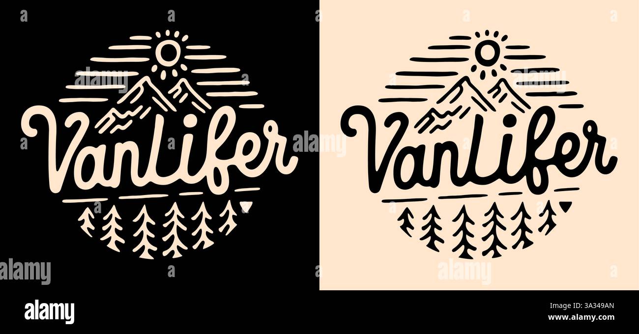 Vanlifer van Life Vanlife Runde Abzeichen Aufkleber Hemd Design Berge Sonnenuntergang Wald Retro Vintage ästhetische Road Trip Lifestyle druckbare Illustration. Stock Vektor
