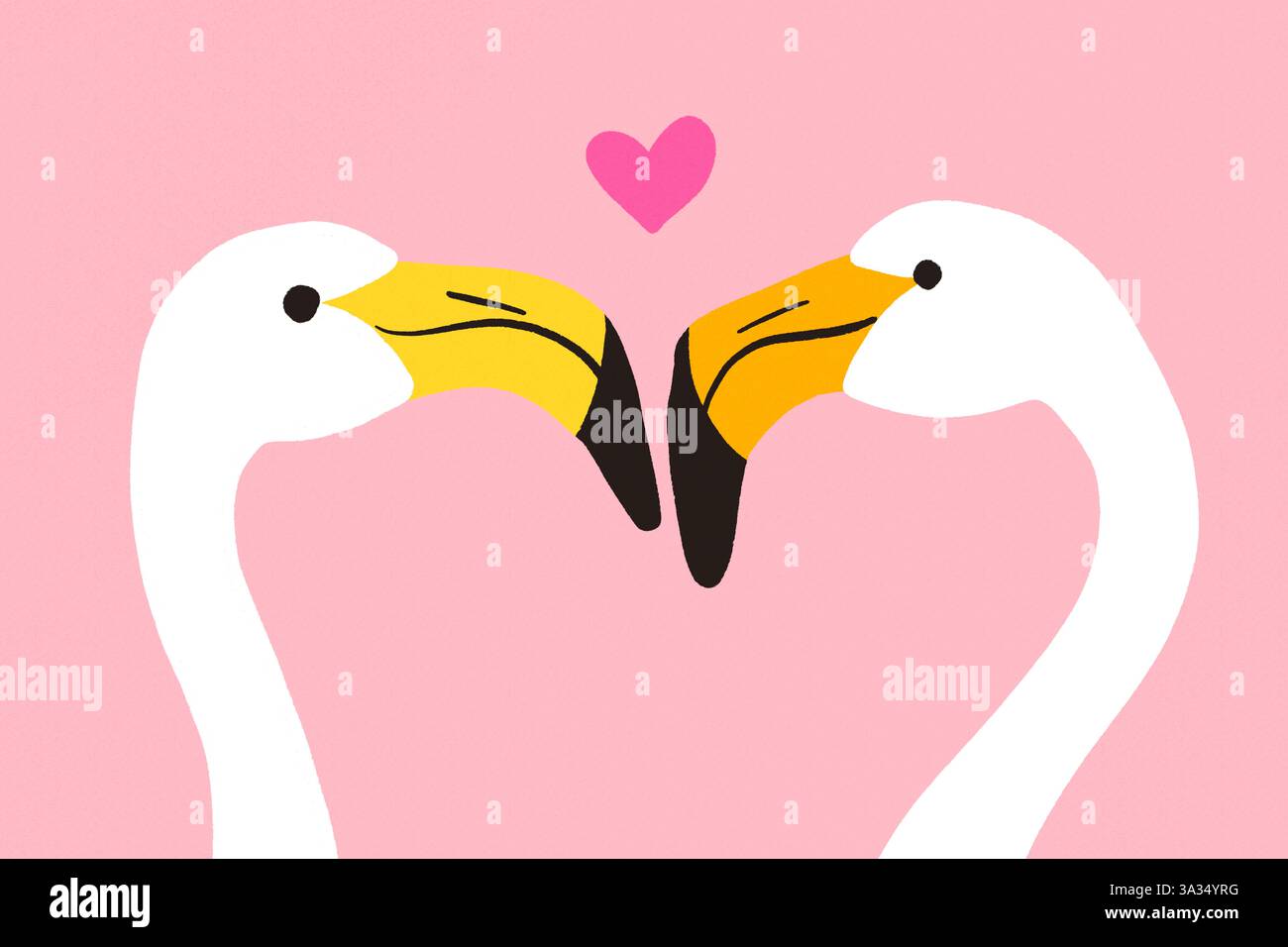 Bezaubernde Illustration von zwei Flamingos, die sich mit einem Herzen darüber gegenüberstehen. Vor einem rosafarbenen Hintergrund fängt es eine romantische und skurrile Atmosphäre ein. Stockfoto