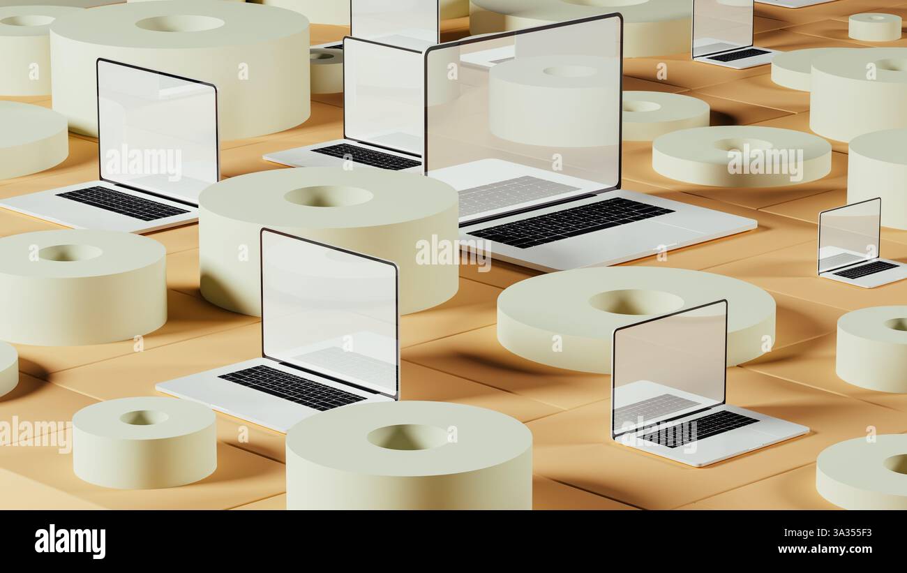 Laptops ruhen auf einem Hintergrund aus runden Fliesen und geometrischen Formen und schaffen eine dynamische, technisch inspirierte Atmosphäre. Stockfoto
