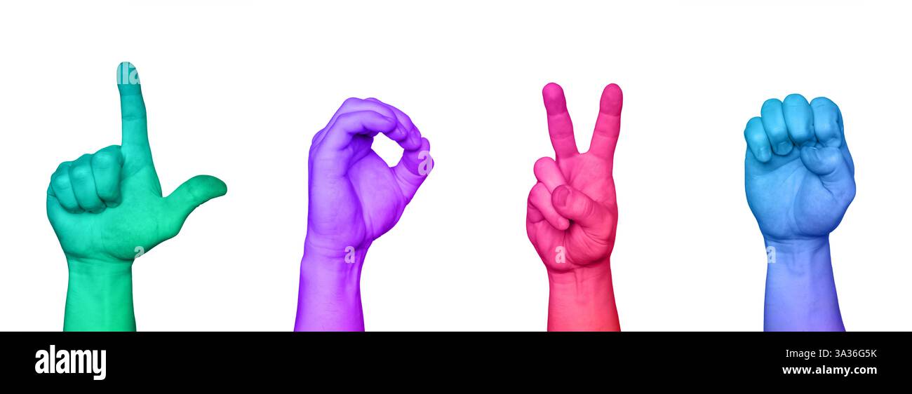 Künstlerische Darstellung von Liebeswörtern in Gebärdensprache, gestaltet in lebendigen Raumfarben auf einem sauberen weißen Hintergrund, symbolisiert Kommunikation Stockfoto