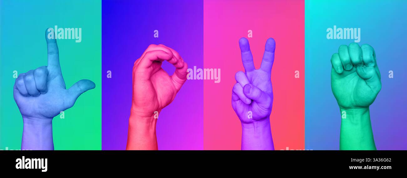 Künstlerische Darstellung von Liebeswörtern in Gebärdensprache, gestaltet in lebendigen Raumfarben auf einem mehrfarbigen verlaufenen Hintergrund. Stockfoto