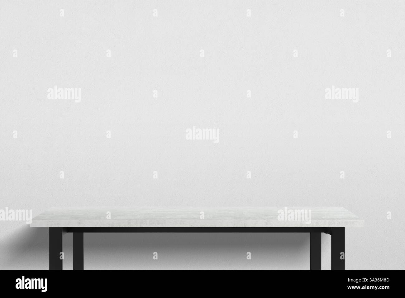 Moderner weißer Schreibtisch mit industrieller Textur und schwarzen Beinen, minimalistisches Konzept für den Büroarbeitsplatz, ideal für geschäftliche Einrichtungen, Produktivität und Beruf Stockfoto