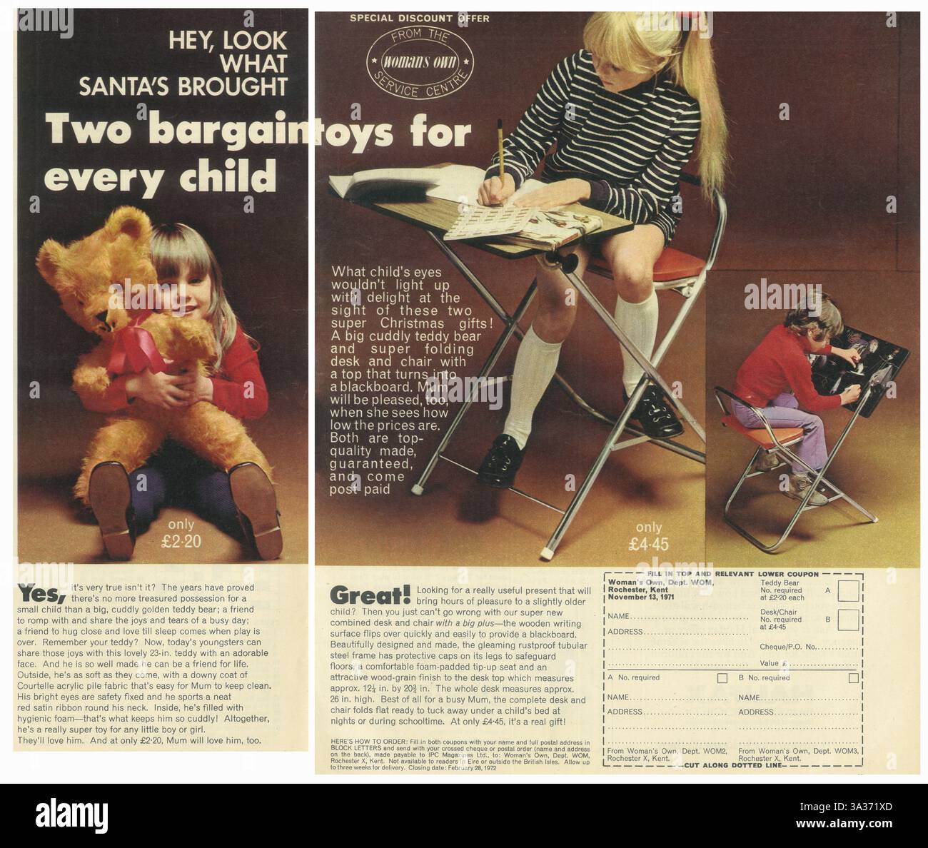 1971 britische Teddybär-Puppe mit Klapptisch und Stuhl für Kinder Weihnachtswerbung Stockfoto