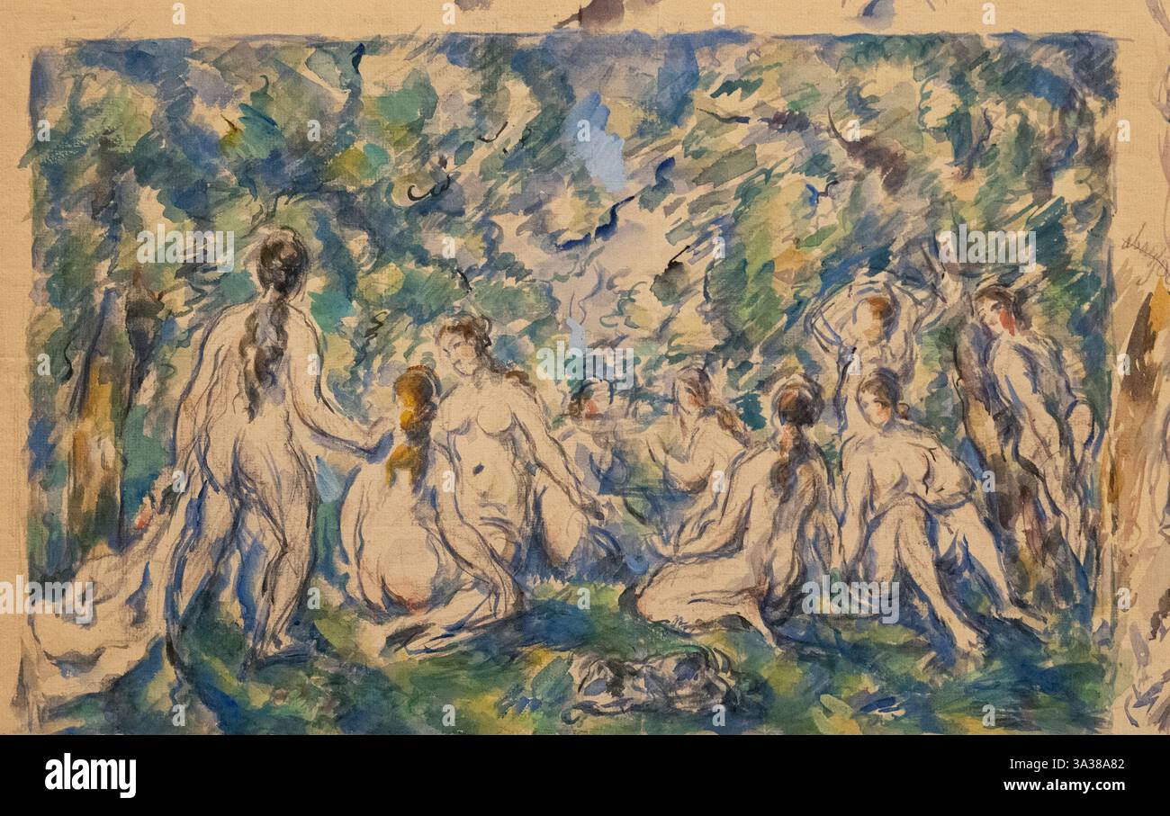 Paul Cezanne Malerei; Cezanne, Badende, ca. 1900-06, postimpressionistische Aquarellmalerei, französische Post-Impressionismus-Kunst, Anfang des 20. Jahrhunderts Stockfoto