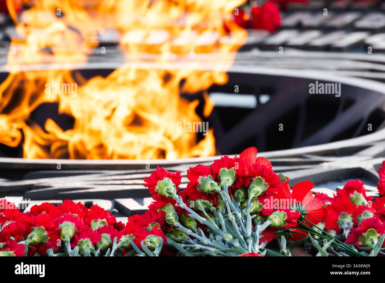 Nahaufnahme eines Fotos der Ewigen Flamme, die hell mit roten Blumen brennt, als Hommage an die Erinnerung Stockfoto