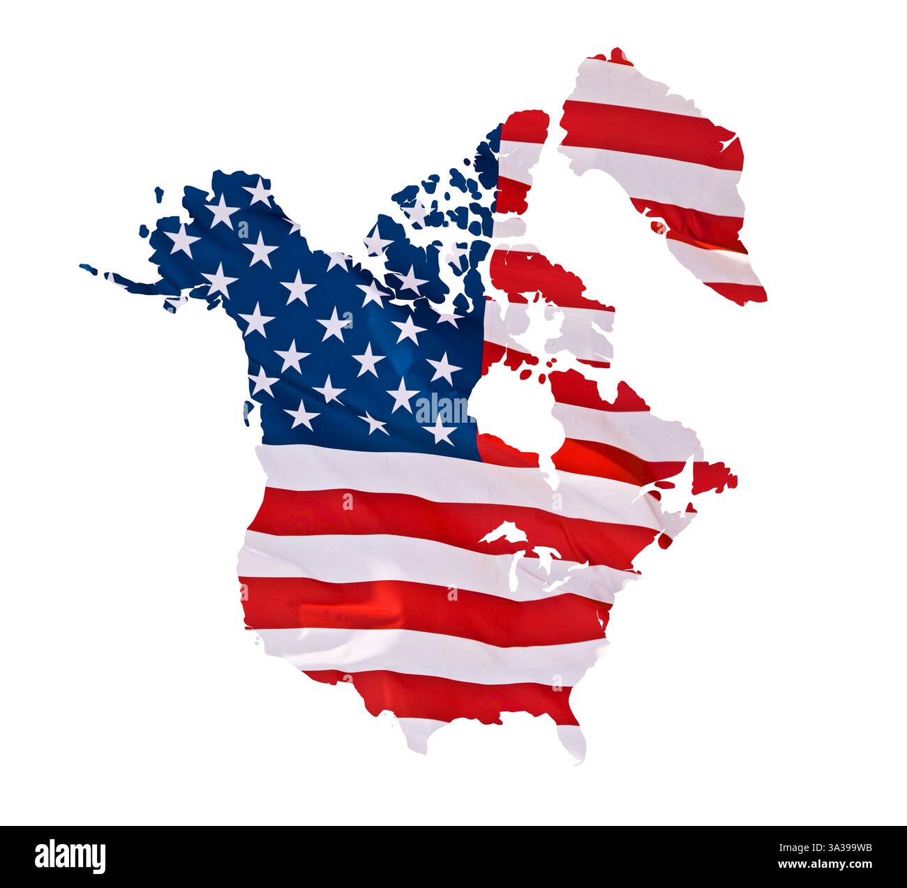 Abwechselnde distopische Karte des Großraums der Vereinigten Staaten einschließlich Kanada und Grönland. Imperialistische Vision von Nordamerika unter US-Flagge, isoliert auf weiß Stockfoto