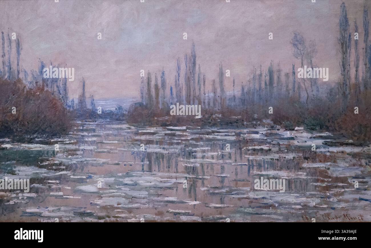 Claude Monet Malerei - Monet der Zerfall des Eises an der seine, 1880-81. Landschaftsmalerei Monet; französische Landschaft aus dem 19. Jahrhundert mit Wasser im Winter. Stockfoto