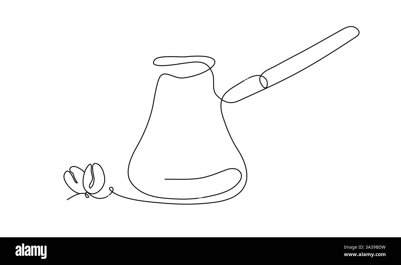 Ein türke für die Zubereitung frisch gebrühten Kaffees auf gerösteten Bohnen. Einfache lineare Vektorgrafiken im Stil von Strichgrafiken, eine einzelne Linie. Die traditionelle Methode der Herstellung von Arabica-Kaffee. Stock Vektor