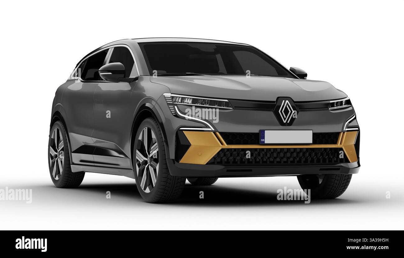 Izmir, Türkei - 14. März 2025: Renault Megane E-Tech in Grau, rechtwinklig vorn, mit LED-Scheinwerfern und modernem Kühlergrill in detaillierter 3D-Optik Stockfoto