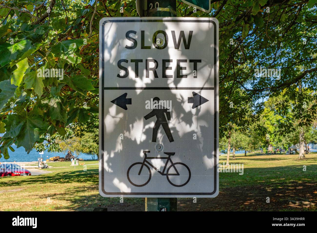 Slow Street Schild, eine aa-Wohnstraße, die Fußgängern und Radfahrern Priorität einräumt, oft mit Maßnahmen zur Verkehrsberuhigung. Stockfoto
