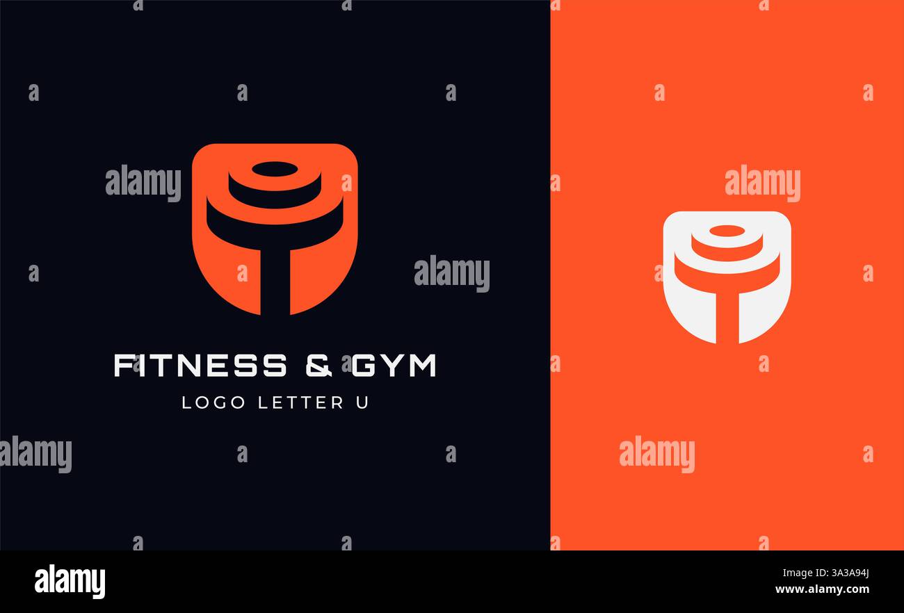 Logo Fitness Letter U mit Fitnessausstattung. Dumbble, Bumble, Kettlebell-Konzept. Fitness, Gesundheit, Bodybuilder Logo Design Vorlage. Stock Vektor