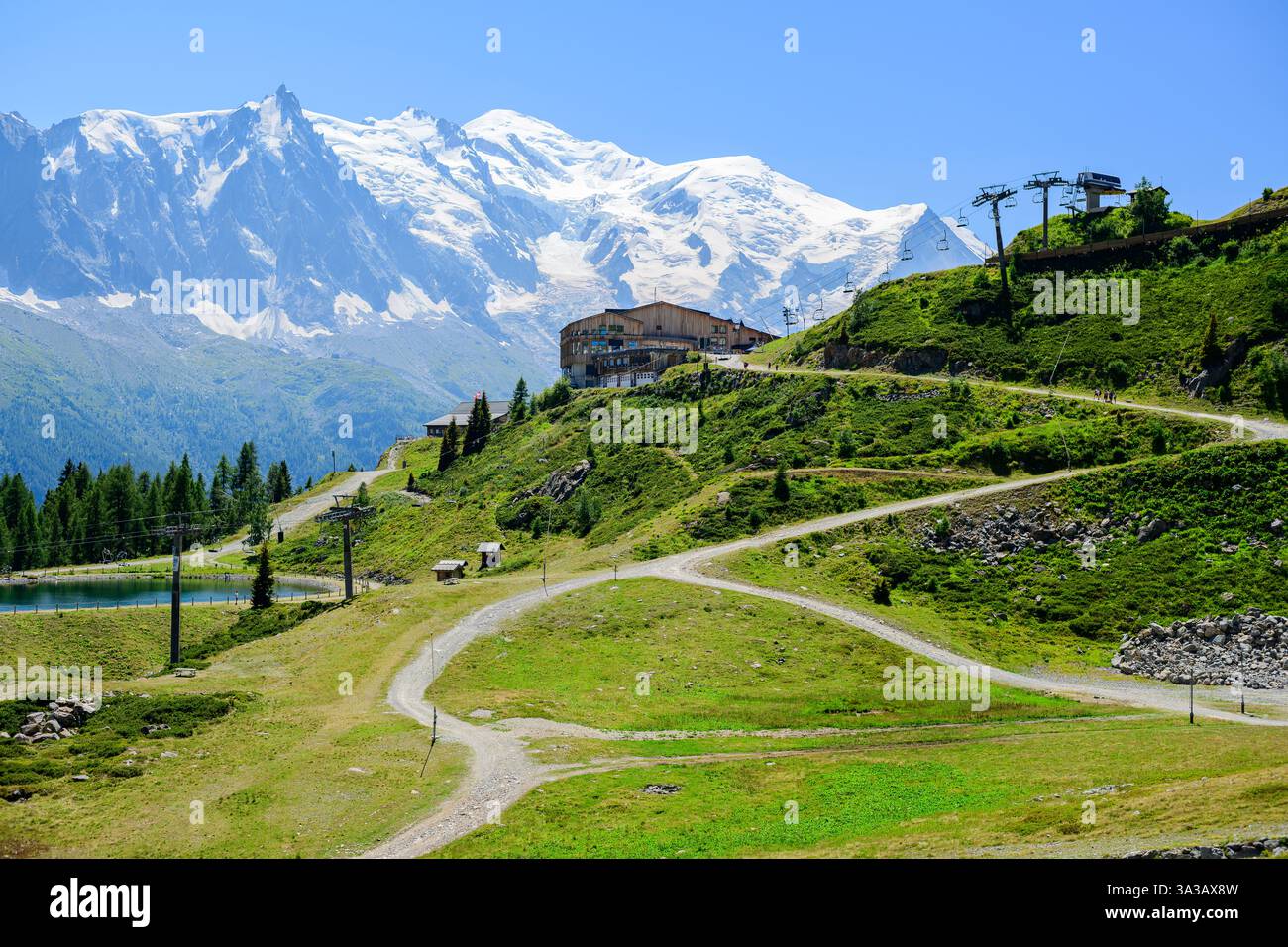 Auf dem Weg zur Berghütte La Flégère während der Tour du Mont Blanc Challenge in den französischen Alpen. Stockfoto