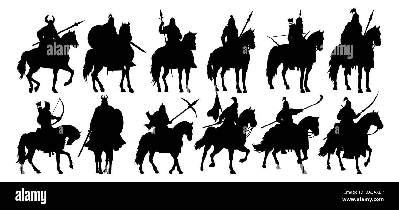 Silhouetten mittelalterlicher Krieger zu Pferd, bewaffnet mit verschiedenen Waffen wie Speeren, Schwertern und Bögen. Stock Vektor