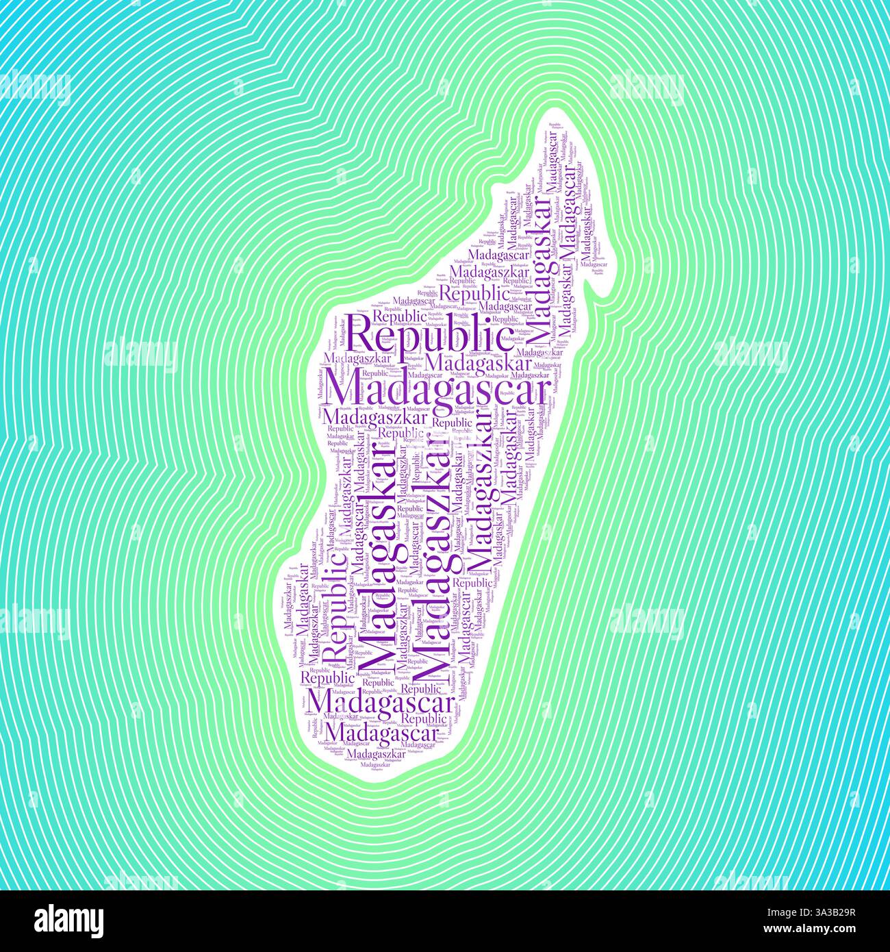Madagaskar-Form wird durch den Ländernamen in mehreren Sprachen gebildet. Madagaskar-Rand auf stilvollem gestreiftem Hintergrund mit Farbverlauf. Lebendiges Poster. Stock Vektor