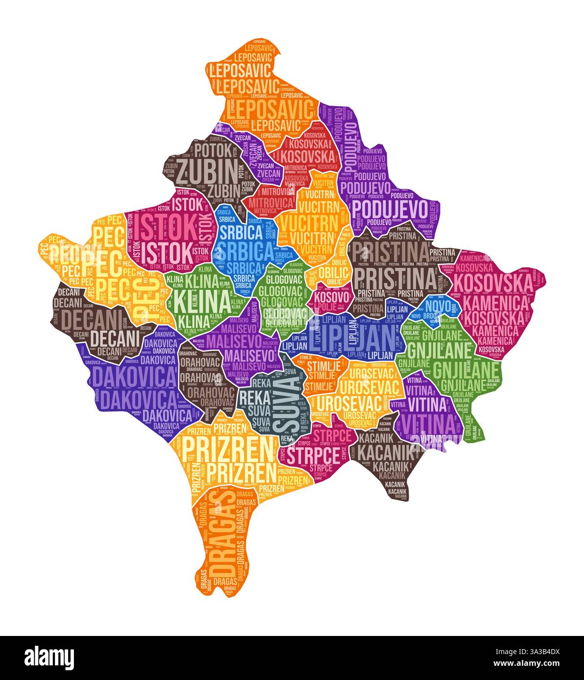 Kosovarische Form. Country Wortwolke mit Bereichsbereich. Kosovo farbige Abbildung. Bereichsnamen Cloud. Vektorabbildung. Stock Vektor