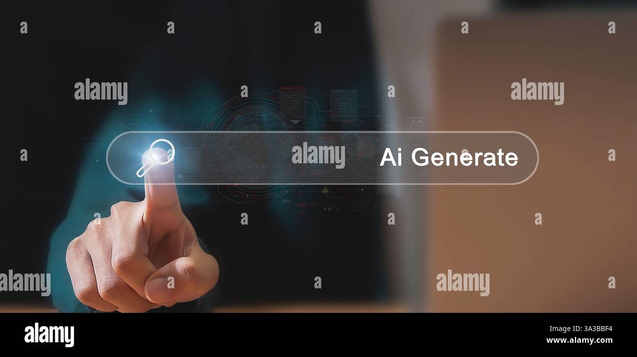 Man verwendet KI-Software, um Bilder mit der Schnittstelle AI Image Generator Ideas Künstliche Intelligenz Image Content Generator zu erstellen Stockfoto