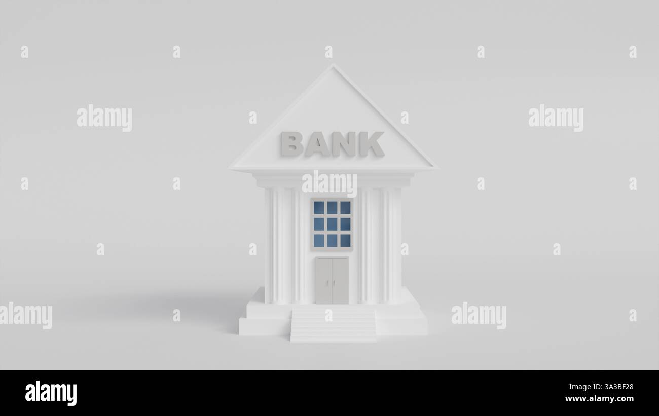 3D-Modell eines weißen Bankgebäudes auf weißem Hintergrund, Finanzinstitut, Bank und Unternehmen Stockfoto