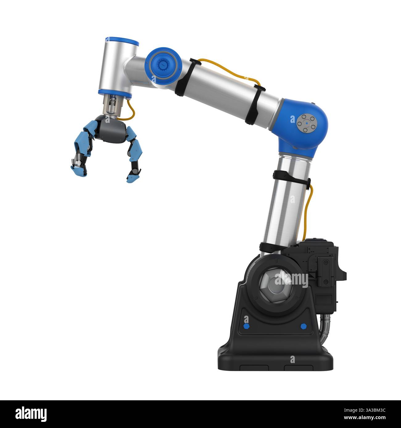 3D-Rendering-Roboter-Greiferarm mit metallischem Ai, isoliert auf weiß Stockfoto