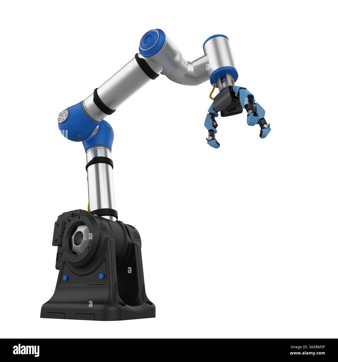 3D-Rendering-Roboter-Greiferarm mit metallischem Ai, isoliert auf weiß Stockfoto