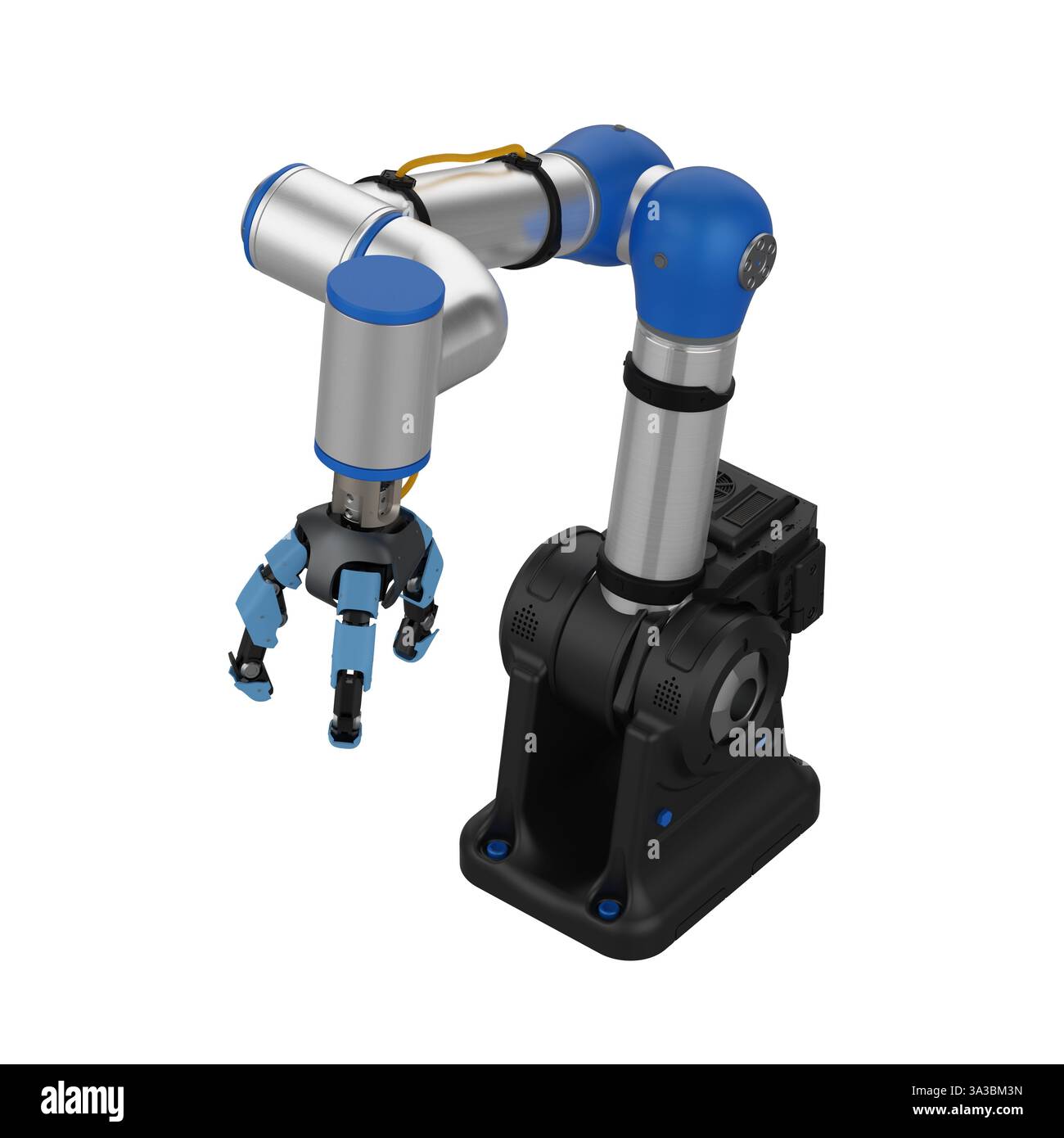3D-Rendering-Roboter-Greiferarm mit metallischem Ai, isoliert auf weiß Stockfoto