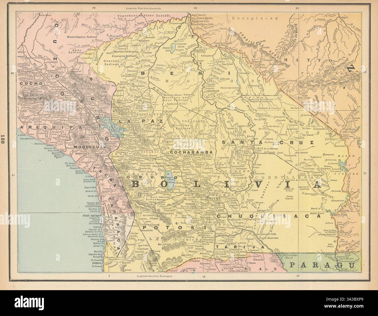 Bolivien. Indianische indische Regionen. Küstenprovinz. CRAM 1894 alte Karte Stockfoto