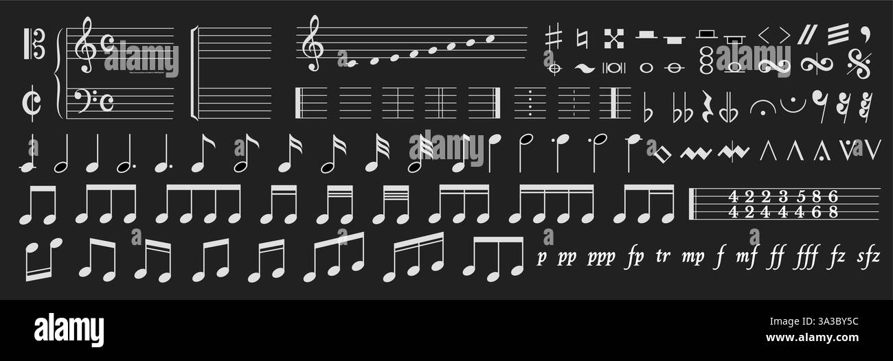 Abbildung mit verschiedenen musikalischen Anmerkungen, einschließlich klefen, Noten, Ruten und dynamischen Markierungen. Schwarzer Hintergrund hebt weiße Musiksymbole hervor Stock Vektor