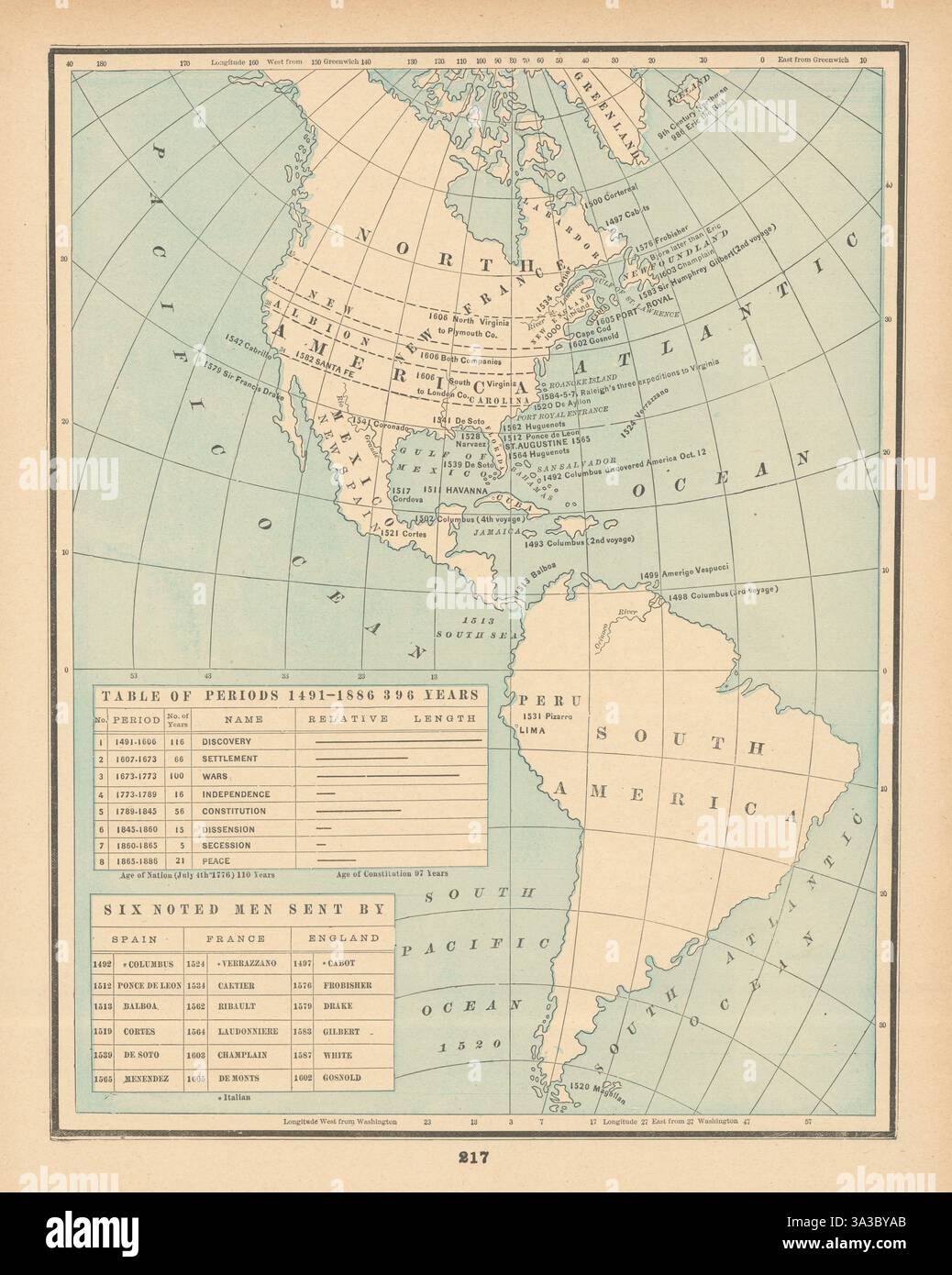 United States Historical I. Discovery 900-1606. CRAM 1894 alte antike Karte Stockfoto