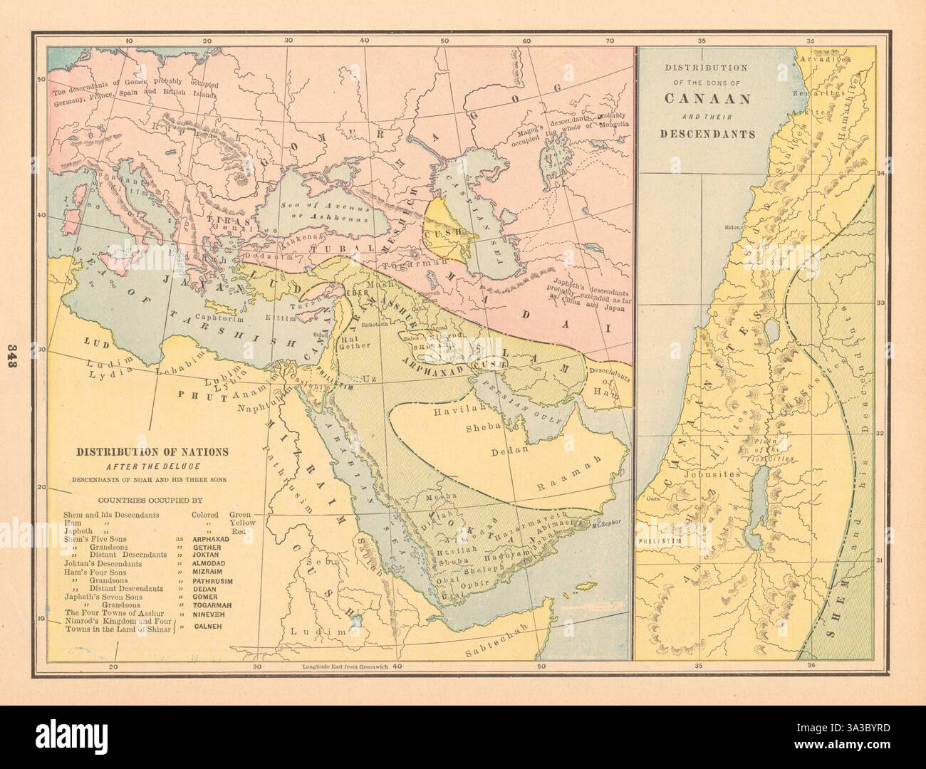 Die Verteilung der Nationen nach der Flut. Nachkommen von Noah und seinen 3 Söhnen CLARE 1894 Karte Stockfoto