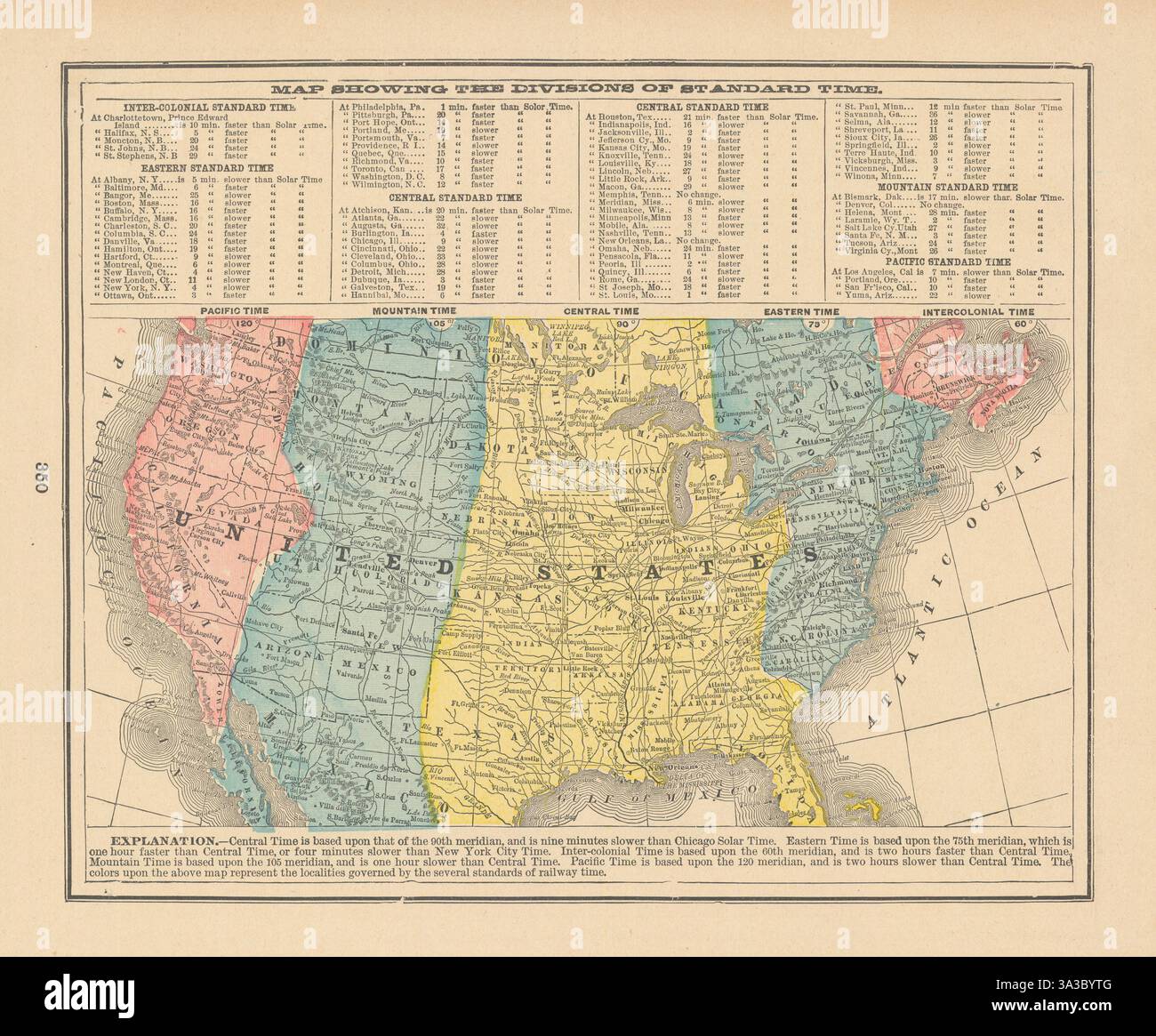 United States Time Zones Pacific Mountain Central Eastern Intercolonial 1894 Karte Stockfoto